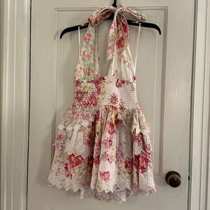 Love Shack Fancy Floral Lace Tiered Dress with Halter Neck